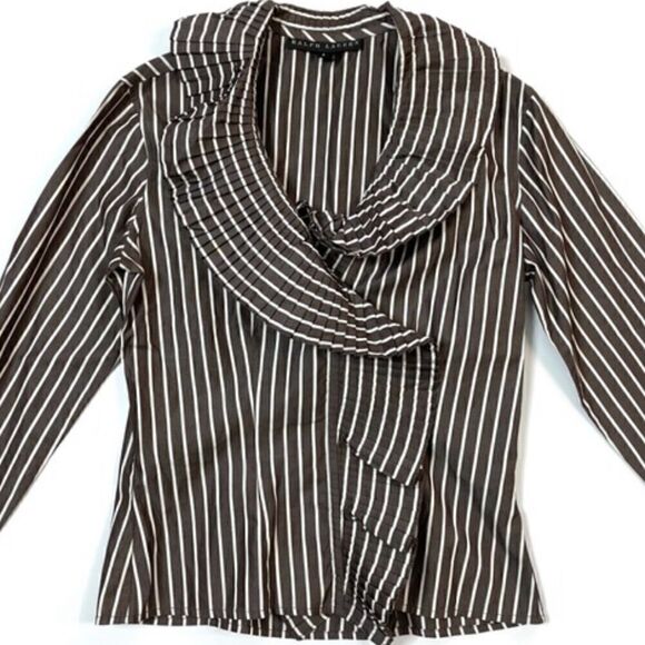 Ralph Lauren Polished Cotton Poplin Brown & White Accordion Pleat Ruffle Blouse - Picture 2 of 10